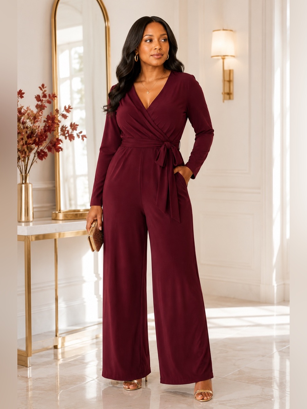 Burgundy Wrap Wide Leg Jumpsuit XXL Faux Wrap Long Sleeve Holiday Party NWOT
